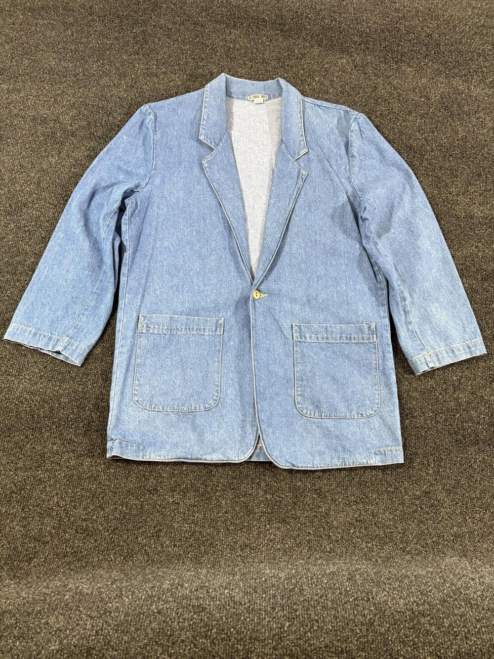 Vintage Cherokee Blazer Womens M Blue Denim 3/4 Sleeve One Button Casual USA